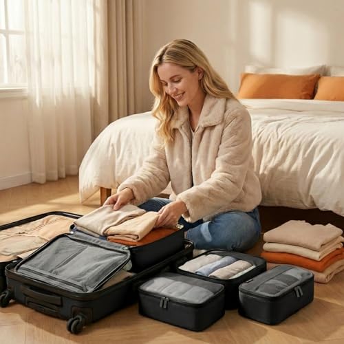 4 Piece Compression Packing Cubes for 3–7 Day Travel, Space Saving Travel Organizers with Breathable Mesh, Double-Zipper Packing Cubes for Carry-On & Suitcases (Black) - color: Black