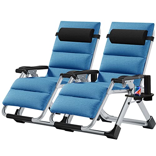 NAIZEA Padded Zero Gravity Chair, Folding Outdoor Lounge Chairs, Adjustable Reclining Camping Chairs with Cup Holder, Ergonomic Patio Lawn Chair for Balcony Beach Deck Yard - color: Linen Blue, style: Zero Gravity Chair 2 Pack
