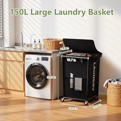 150L Laundry Basket with Lid and Wheels, Rolling Laundry Hamper with Cloth Cover, Laundry Cart with Metal Frame & Removable Bag, Large Dirty Clothes Hampers for Bedroom, Laundry Room Bathroom, Black - color: Black, size: 150L