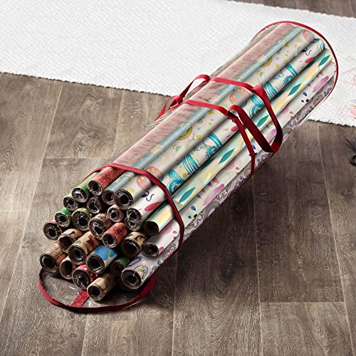 ZOBER Round Christmas Gift Wrapping Paper Organizer Storage - 40 Inch Gift Wrap Storage Containers - Wrapping Paper Holder, Clear PVC Waterproof, Fits 25 Standard Rolls - Red - color: Red Transparent