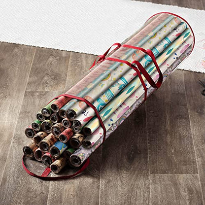 ZOBER Round Christmas Gift Wrapping Paper Organizer Storage - 40 Inch Gift Wrap Storage Containers - Wrapping Paper Holder, Clear PVC Waterproof, Fits 25 Standard Rolls - Red - color: Red Transparent