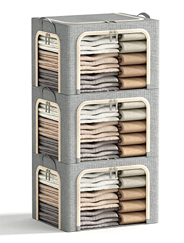 3 Openings Clothes Storage Bins with Metal Frame, Foldable Storage Bin for Clothes, Clothing Storage Bins with Lid, Linen Storage Box With Clear Window＆ Zippers＆ Durable Handles.(3 Pcs,Light Grey,40L) - color: Dark Grey, size: Medium-(‎16.5 x 12.6 x 11.8