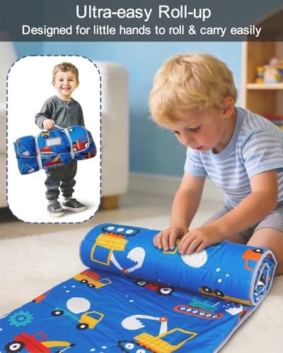 Primlect Thickened Toddler Nap Mat with Removable Pillow and Minky Blanket, Extra Large 55''x35'' Sleeping Bag, Washable, Roll up, Perfect for Daycare, Preschool, Kindergarten, Boys and Girls Blue Car - color: Blue Car