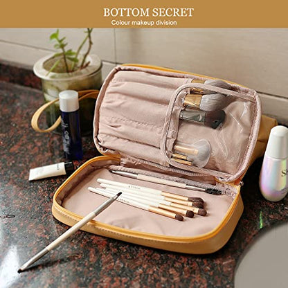 Abiudeng Large Capacity Makeup Bag Ladies Cosmetic Bag Travel Bag with Compartments Portable PU Leather Travel Makeup Bag with Handle - color: Yellow