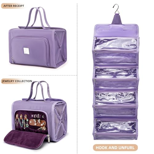 ROYALFAIR Roll Up Makeup Bag, Waterproof Toiletry Bag for Women, Hanging Travel Organizer bags with Jewelry Organizer Compartment, Extra Large 4 Clear TSA Approved Pouches Cosmetic Makeup (violet) - color: Purple