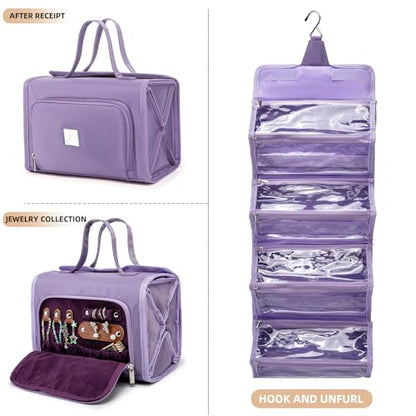 ROYALFAIR Roll Up Makeup Bag, Waterproof Toiletry Bag for Women, Hanging Travel Organizer bags with Jewelry Organizer Compartment, Extra Large 4 Clear TSA Approved Pouches Cosmetic Makeup (violet) - color: Purple