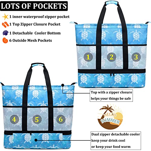 JIANYA Beach Bag Women Waterproof Sandproof Beach Tote Bags with Cooler Top Zipper Large Totes for Pool Travel Daily - color: Bubble Sea Turtle