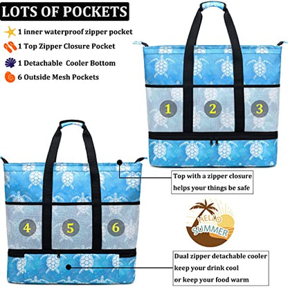 JIANYA Beach Bag Women Waterproof Sandproof Beach Tote Bags with Cooler Top Zipper Large Totes for Pool Travel Daily - color: Bubble Sea Turtle