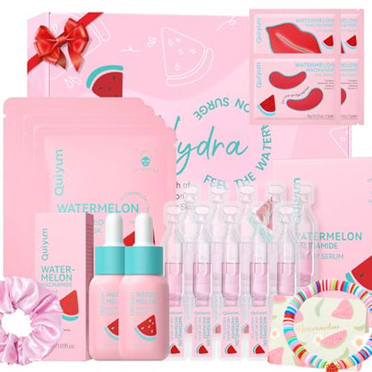 QUIYUM Pink Watermelon & Niacinamide Gift Set for Glow Skin -Hydrating, Firming, and Radiance-Boosting Skincare Set for Women & Girls | With Watermelon Extract B5, CICA, Hyaluronic Acid &Collagen - size: 15pc