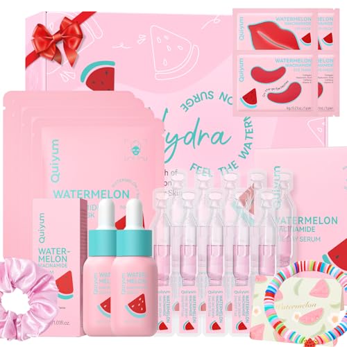 QUIYUM Pink Watermelon & Niacinamide Gift Set for Glow Skin -Hydrating, Firming, and Radiance-Boosting Skincare Set for Women & Girls | With Watermelon Extract B5, CICA, Hyaluronic Acid &Collagen - size: 15pc