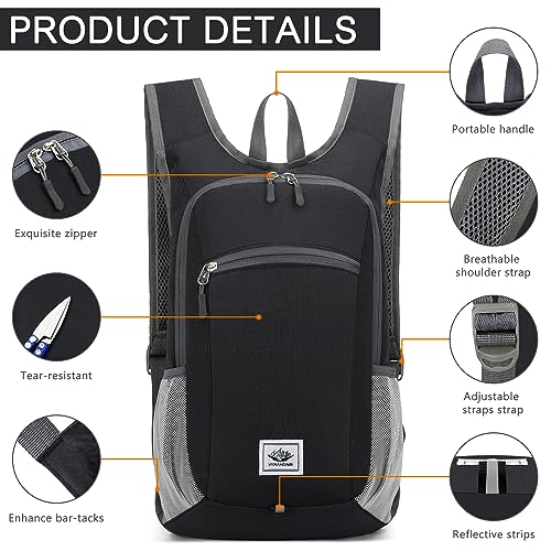 Esup 15L Lightweight Hiking Backpack Foldable Small Travel Backpack Packable Camping Backpack for Women Men (Black) - color: Black