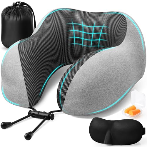 ExploreBliss Travel Pillow, Travel Pillows for Sleeping Airplane, Neck Pillow Airplane, Memory Foam Neck Pillow Set with Eye Mask, Earplugs and Storage Bag -Light Grey - color: Light Grey