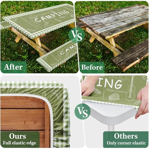 Picnic Table Cover with Bench Covers Elastic Edges, Green Camper Fitted Table Cover, Outdoor Patio Camping Essentials 72 Inch 3PCS, Waterproof Camping Fitted Tablecloth with Drawstring Bag - color: Green, size: 72in