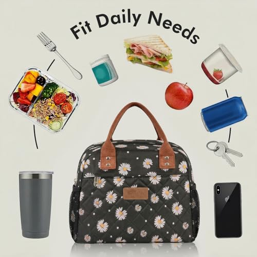 HOMESPON Insulated Lunch Bag for Women Men Adults Lunch Tote with Front Pocket Lunch Box Container Cooler Bag for Work Picnic (Black Daisy) - color: Black Daisy