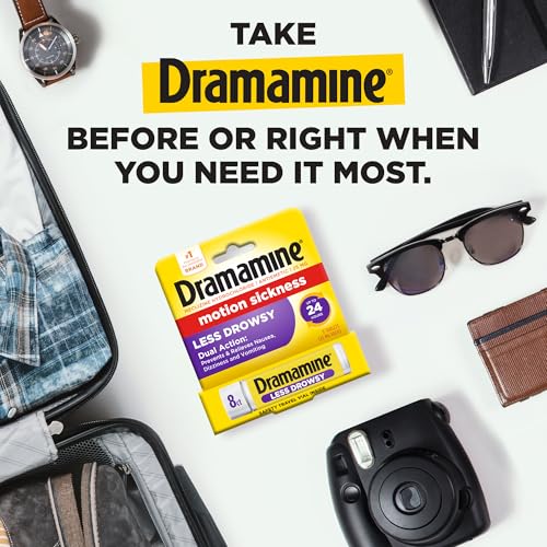 Dramamine Motion Sickness Less Drowsy, Travel Vial, Multicolor, 8 Count - size: 8 Count (Pack of 1)