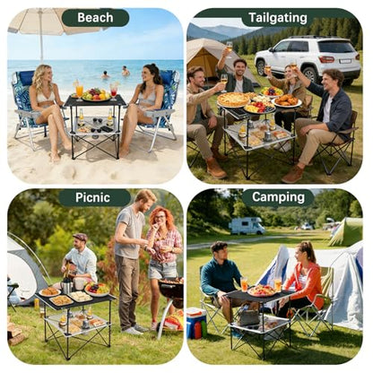 SUNNYFEEL Folding Camping Table- Collapsible Portable Beach Table with 4 Cup Holders & Carry Bags, Tailgate Table for Outdoor Excursion Picnic Hiking Fishing Travel Parties, Black
