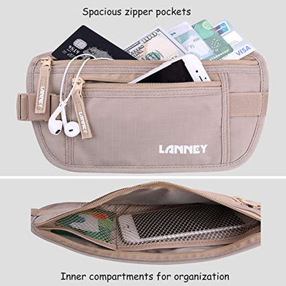 Money Belt for Travel Women and Men Slim Hidden Travel Wallet with RFID Blocking - color: Beige