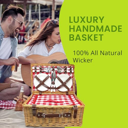 Nature Gear Picnic Basket, Wicker Basket with Handle for Outdoors, Insulated Woven Basket, Includes a Service Kit of Dinnerware & Wine Glasses, Picnic Basket Set for 4, Red & White - color: Red & White