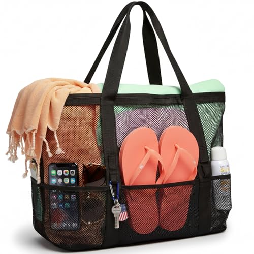 F-color Mesh Beach Bag Family - Large Tote Bag 9 Pockets for Swim Pool Toys Cruise Beach Vacation Essentials - color: Black, size: Large with Mesh Bottom
