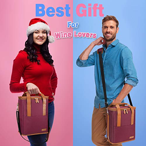 Tirrinia 6 Bottle Wine Gift carrier - Insulated & Padded Wine Carrying Cooler Tote Bag with Handle and Adjustable Shoulder Strap for Travel or Picnic, IDEAL Wine Lover Gift, Wine - color: Red