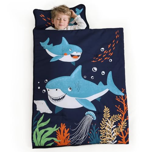 PHF Soft Toddler Nap Mat with Removable Pillow, Rollup Design Kids Sleeping Mat, Slumber Bags for Boys, 55"x23" Toddler Sleeping Bag for Daycare Preschool Travel Camping, Shark - color: Shark