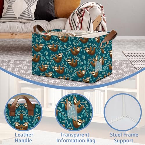 Funny Sloth Storage Baskets,Leaves Foldable Organizer Bin with Handles for Home Living Room Bedroom Closet Box 17x11.5x10Inch - color: Funny Sloth Leaves