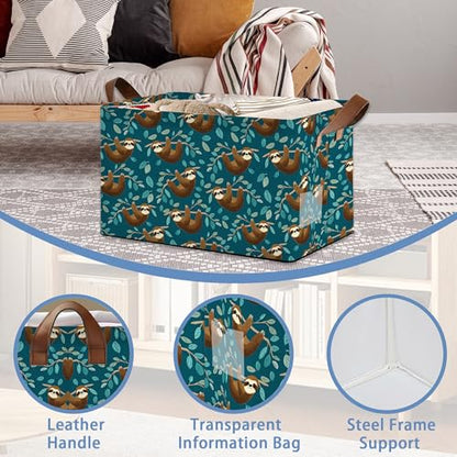 Funny Sloth Storage Baskets,Leaves Foldable Organizer Bin with Handles for Home Living Room Bedroom Closet Box 17x11.5x10Inch - color: Funny Sloth Leaves