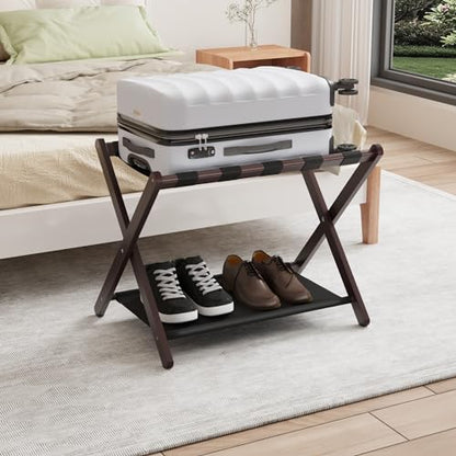 Smuxee Brown Bamboo Luggage Rack for Guest Room, Foldable Suitcase Stand with Storage Shelf, Easily Assembled Luggage Stand with 5 Nylon Straps for Guest Room Bedroom Hotel - color: Brown 1PCS