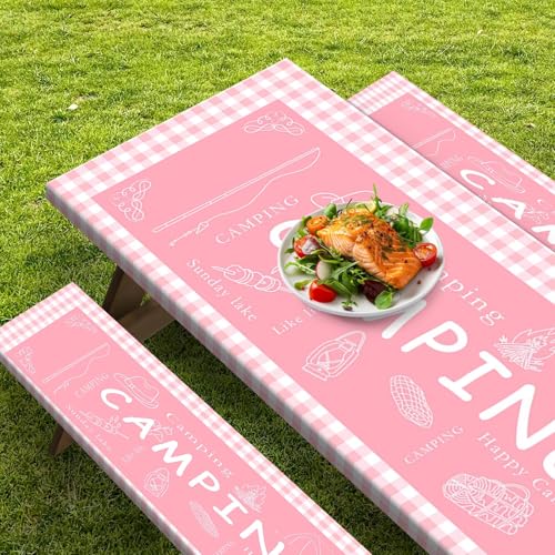 Picnic Table Cover with Bench Covers Elastic Edges, Pink Camper Fitted Table Cover, Outdoor Patio Camping Essentials 72 Inch 3PCS, Waterproof Camping Fitted Tablecloth with Drawstring Bag - color: Pink, size: 72in