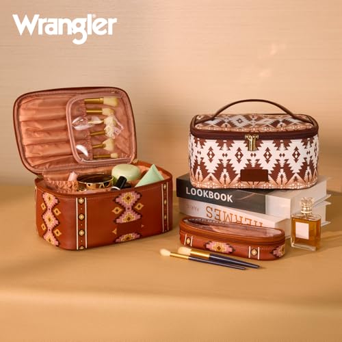 Montana West X Wrangler Travel Makeup Bag 2pcs Set Large Cosmetic Bag with Makeup Brush Holder Portable Make Up Organizer Cute Toiletry Bag with Divider and Handle for Women Aztec - color: Aztec-Brown