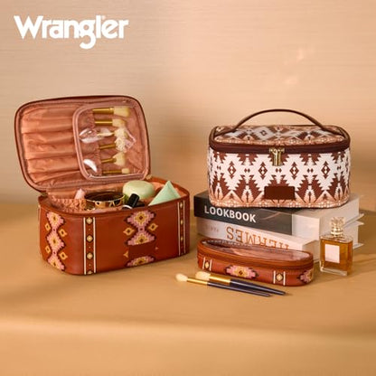 Montana West X Wrangler Travel Makeup Bag 2pcs Set Large Cosmetic Bag with Makeup Brush Holder Portable Make Up Organizer Cute Toiletry Bag with Divider and Handle for Women Aztec - color: Aztec-Brown