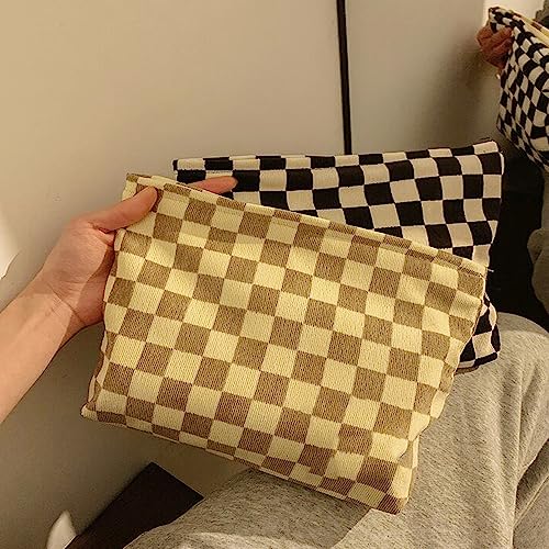 SxoSyo Checkered Cosmetic Bags, Canvas Makeup Bag Purse, Beige | travel toiletry zipper pouch, make up brushes bag, purse organizer pouches - color: Beige, style: Chessboard