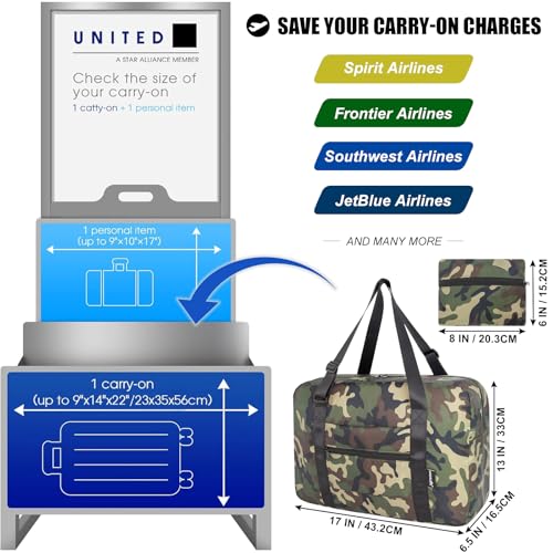 Small Duffle Bag for Men Women, Mini Gym Bag Foldable Travel Tote Carry On Luggage with Trolley Sleeve, Green Camo - color: Green camo, size: 23L