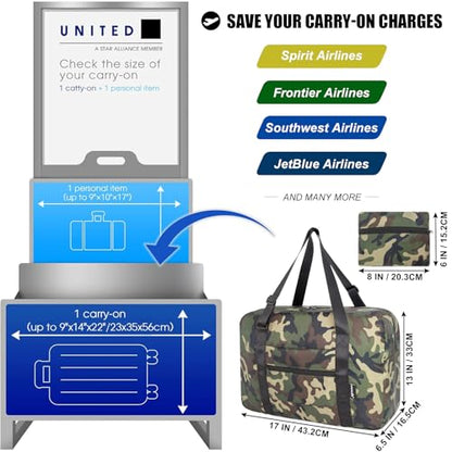 Small Duffle Bag for Men Women, Mini Gym Bag Foldable Travel Tote Carry On Luggage with Trolley Sleeve, Green Camo - color: Green camo, size: 23L