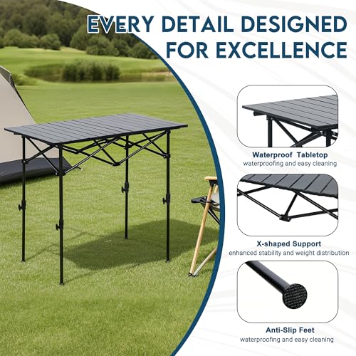 LOFTEY Folding Camping Table, Adjustable Height Aluminum Camp Table with Roll Up Top, Lightweight with Carry Bag, Portable for Camping, Backyard BBQ, Tailgating, 37.4" L x 21.7" W x 32" H, Black