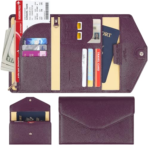 ZOPPEN Mulit-purpose Rfid Blocking Passport Holder Travel Wallet (Ver.4) Passport and Vaccine Card Holder ComboTri-fold Document Organizer Travel Essentials - color: #8 Wine Red / Burgundy