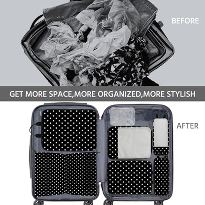 7 Pcs Compression Packing Cubes for Travel, Waterproof Suitcase Luggage Backpack Organizer with Toiletry Bag Travel Essentials for Women/Men-Polka Dots - color: Black-Polka Dots