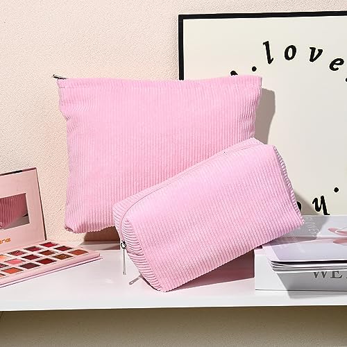SOIDRAM 2 Pieces Makeup Bag Large Corduroy Cosmetic Bag Capacity Canvas Mix Travel Toiletry Bag Organizer Cute Makeup Brushes Aesthetic Accessories Storage Bag for Women,Corduroy Mix Hot Pink - color: Corduroy Hot Pink