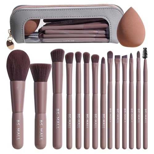 BS-MALL 14 Pcs Makeup Brushes Set with 1 Pcs Makeup Sponge – Essential Foundation Powder Concealers, Eye Shadows, Blush Makeup Brushes with Travel Makeup Case (Brown) - color: Brown