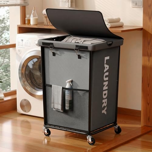 150L Laundry Basket with Wheels, Rolling Laundry Hamper with Cloth Cover, Laundry Cart with Metal Frame & Removable Bag, Large Dirty Clothes Hampers for Bedroom Aesthetic, Laundry Room Bathroom, Grey - color: Grey, size: 150L