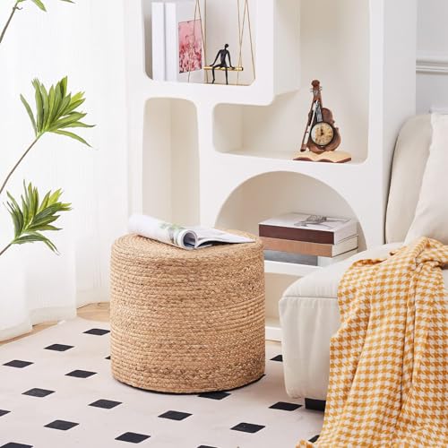 Wimarsbon 18'' Pouf Ottoman, Natural Braided Poof, Round Poufs, Rustic Handweave Lounge Pouffe, Boho Footrest Stool for Bedroom, Accent Table or Seat for Patio, Living Room - color: 18inch Natural Water Hyacinth Braid