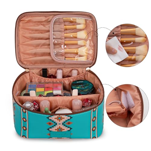 Montana West X Wrangler Travel Makeup Bag 2pcs Set Large Cosmetic Bag with Makeup Brush Holder Portable Make Up Organizer Cute Toiletry Bag with Divider and Handle for Women Aztec - color: Turquoise