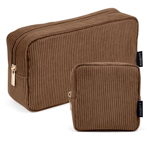 MAGEFY Small Makeup Bag for Purse Mini Cosmetics Bag Corduroy Cute Cosmetic Pouch for Women with Slip-in Pockets - color: Small+Large-brown-2pcs