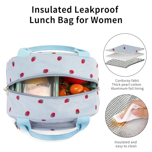 Lunch Bag Women Lunch Box for Women Adult Cute Insulated Lunch Bag Small Cooler Lunch Tote Bags for Work Picnic School (Blue-Strawberry) - color: Blue-Strawberry