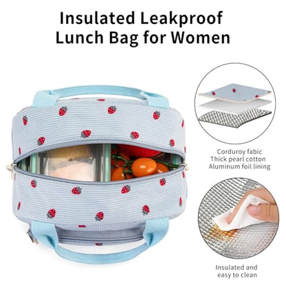 Lunch Bag Women Lunch Box for Women Adult Cute Insulated Lunch Bag Small Cooler Lunch Tote Bags for Work Picnic School (Blue-Strawberry) - color: Blue-Strawberry