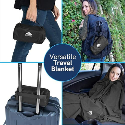 BlueHills Ultra Compact Travel Blanket Pillow in Portable Bag Case with Hand Luggage Belt & Backpack Clip Premium Cozy Soft Compact Pack Large Blanket for Airplane Flight Layover Black C003 - color: C003-black