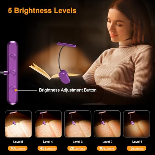 Gritin Rechargeable Book Light for Reading in Bed with 19 LED &Memory Function-Eye Caring 3 Color Temperatures,5 Brightness Levels,90 Hrs Runtime Flexible Goose Neck Clip on Light-Dark Purple - color: Dark Purple