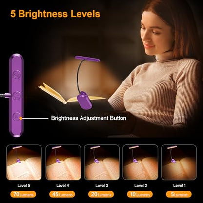 Gritin Rechargeable Book Light for Reading in Bed with 19 LED &Memory Function-Eye Caring 3 Color Temperatures,5 Brightness Levels,90 Hrs Runtime Flexible Goose Neck Clip on Light-Dark Purple - color: Dark Purple