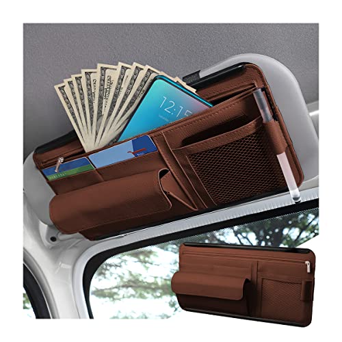 Car Sun Visor Organizer, Car Visor Pocket Wallet Pouch Holder, Vehicle Sunshade Glasses Case Storage Bag with Multi-Pocket Net Zipper, Auto Interior Accessories Universal for SUV Truck Van (Brown) - color: Style 5-Brown