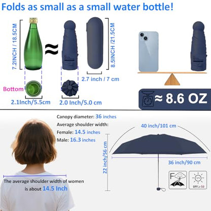 BAODINI Travel Essentials Mini Umbrella for Purse With Case Small Compact UV Sun Protection Lightweight Tiny Pocket Manual Open Close Umbrella for Women Kids and Men Fits Purse Backpack - color: F-1-Navy Blue
